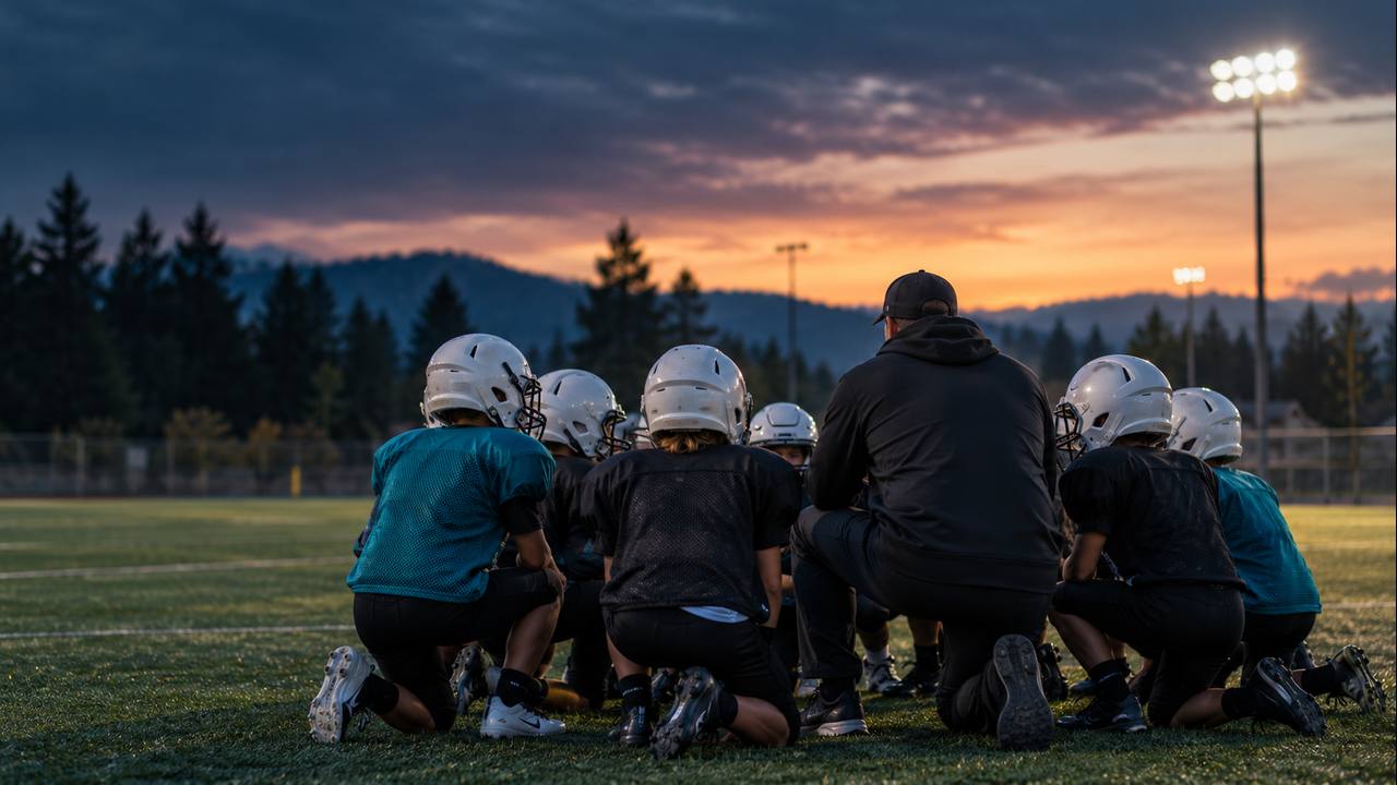 Youth football players huddle around a coach at practice at dusk